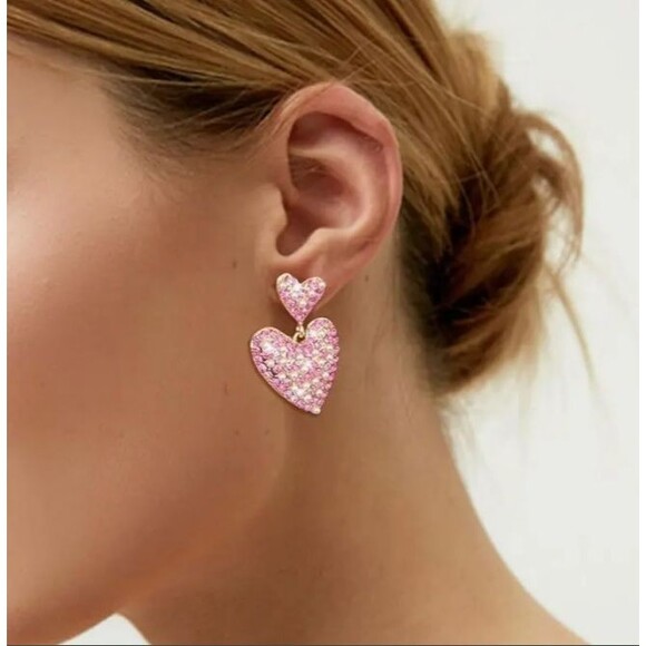 Pink Rhinestone Pearl Heart Dangle Stud Earrings Hearts Prom Wedding - Picture 2 of 4
